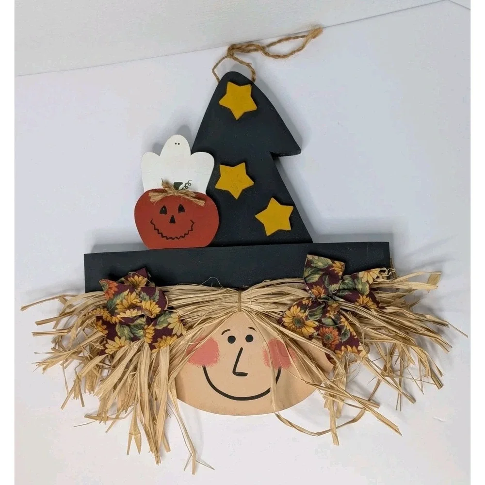 Handmade Wooden Halloween Witch Hat Wall Hanging Rustic Straw Hair Decor